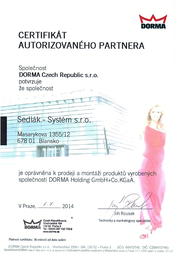 certifikát partnera DORMA